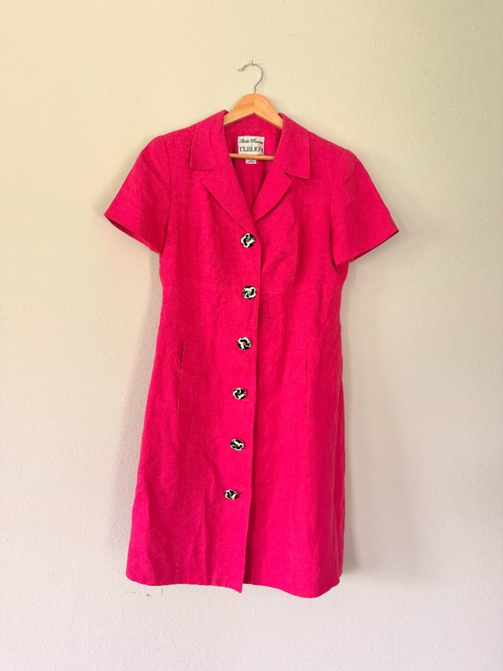 Vintage Rickie Freeman Teri Jon Pink Linen Dress Cow Buttons Sz 8